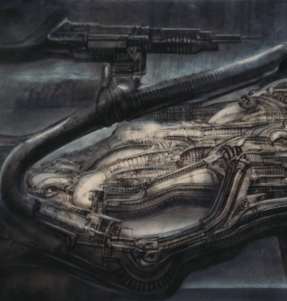 g1g3r, The image is a detailed view of H.R. Giger's biomechanical tableau \" LANDSCAPE No 312 \" plate, featuring
a complex, intricate, and detailed design of endless Machine in the transit spaceover the cascade of fallen water, that appears to be a fusion of organic and mechanical elements, with a focus on the interplay between the two.The piece is a tableau, most likely created with a India ink pen or pencil on paper, determined by the thin lines, shading techniques, and the texture of the paper, which is visible around the edges.
Used is pen, given the shading and variations in line weight visible in the image. Artist have used a variety of stylus with different degrees of hardness to achieve the shading effects.
 The use of undersaturated green-grays dark contrasts creates a stark and graphic look. Is used a variety of linework techniques to create different textures. Fine, parallel lines create a smooth, metallic texture,while thicker, more cursive lines suggest cables or wires.
Light source from the top highlights skeletals, pper part of foreground, lower part of image is in shadowupper part of foreground, lower part of image is in shadow.
The art performance showcases the artist’s skills in observation and rendering. The level of detail in the piece suggests a close study of real bone specimens and mechanics. The artist has skillfully used shading techniques to create a convincing illusion of three-dimensionality on a flat surface. The wrinkles and cracks in the surface, and the cast shadows with accuracy, used shading techniques to create a realistic depiction of light and shadow on the objects. This creates a sense of depth and dimension in the image. The artist has used careful linework to depict the contours and textures in the piece
Sharp focus on foreground elements illustration. Deep and delicate DOF. Big painting. Stored in Louvre masterpiece, ooze soaked pajama top
