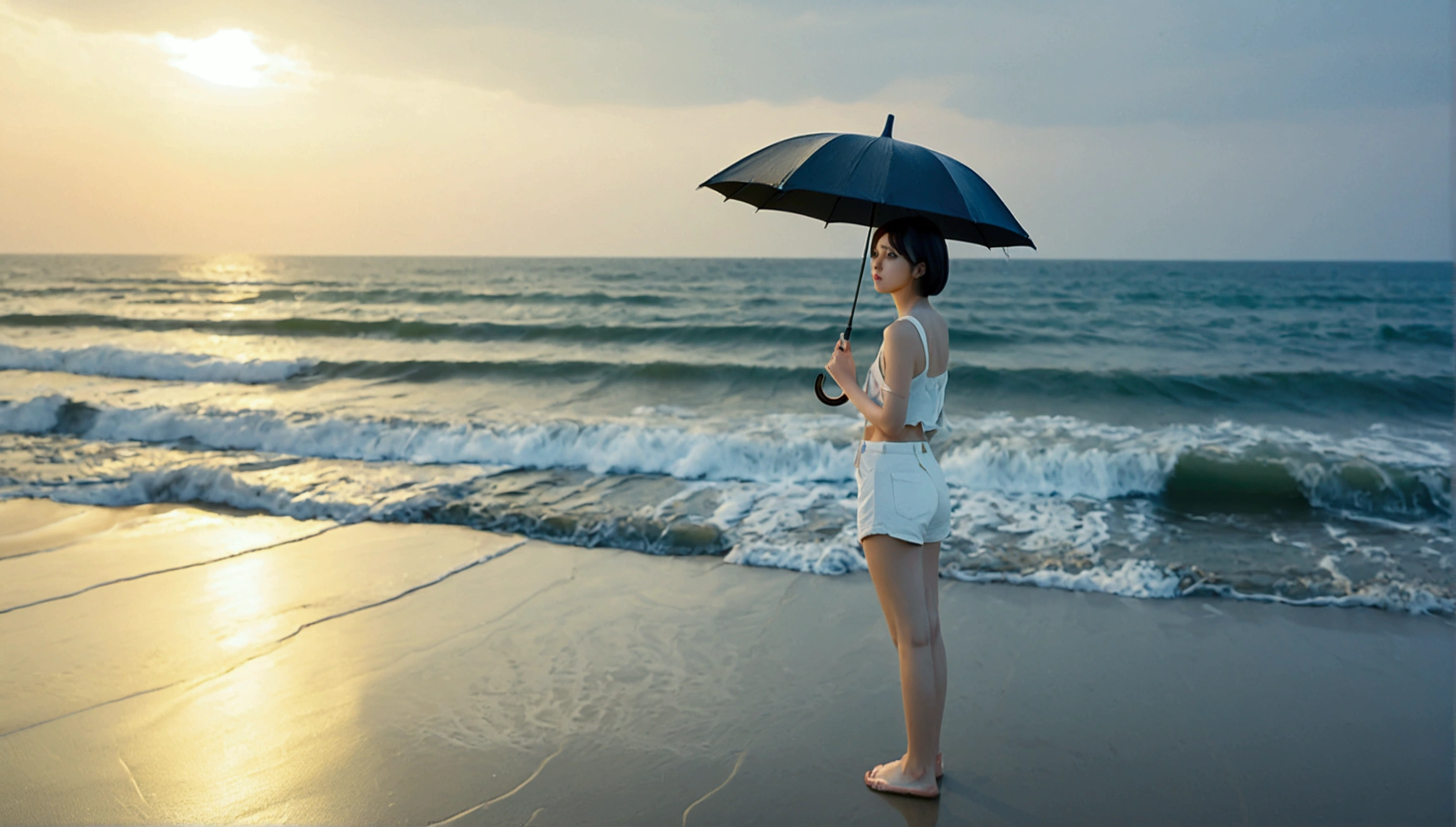 8k, Vivid picture quality, Vivid picture quality, long deserted beach, Full body shot from a distance with a wide angle lens, Short hair, beautiful appearance, Model-like body, Short and slim Korean woman, sunset의 붉은 빛, sunset, alone, afternoon, depressed, tide가 밀려온다, rain, medium size black umbrella, ocean, tide, wind, Clear picture quality, tower, White shorts, Looking to the side with a black umbrella, Short hair, tide에 발을 담근다