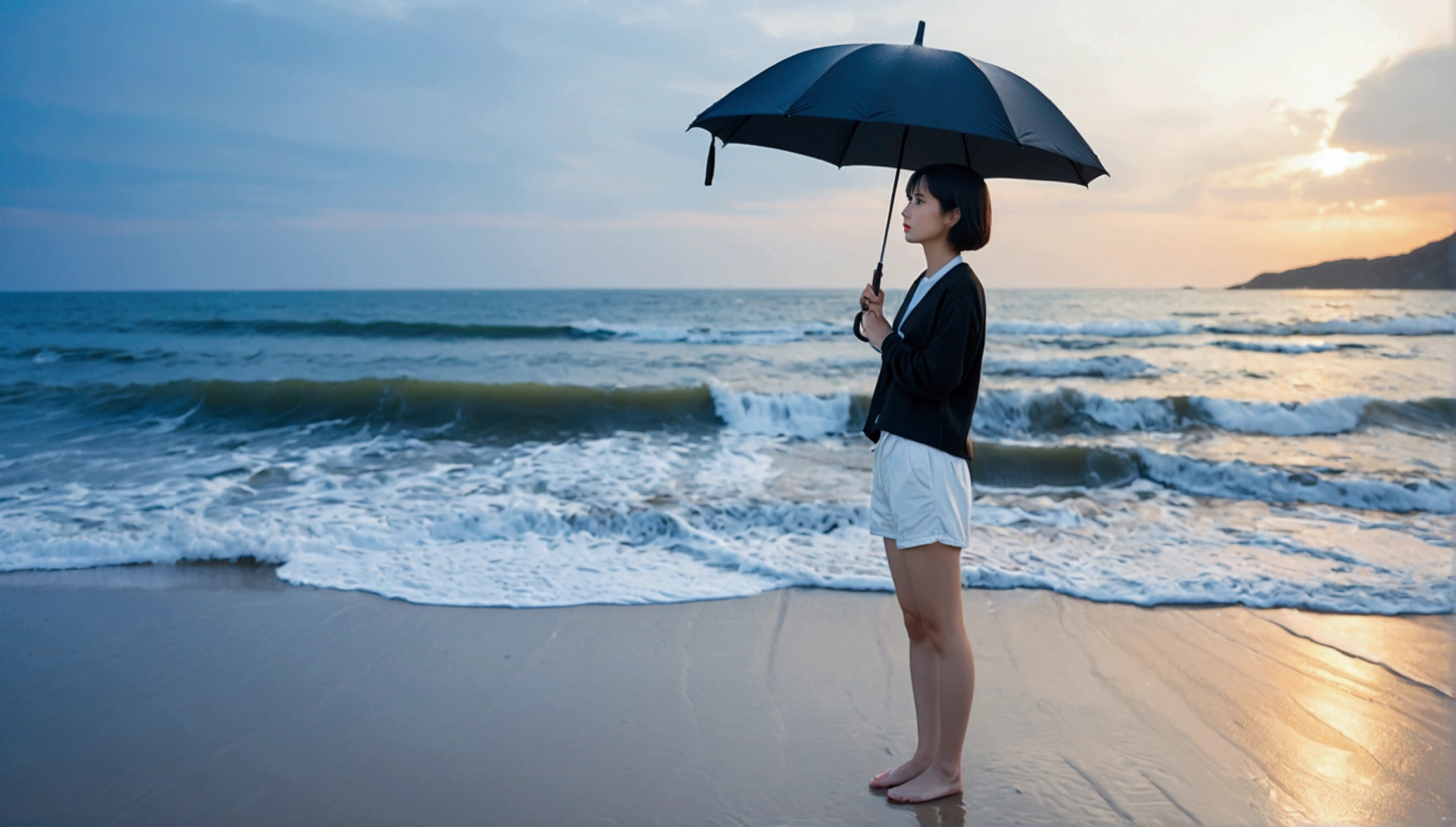 8k, Vivid picture quality, Vivid picture quality, long deserted beach, Full body shot from a distance with a wide angle lens, Short hair, beautiful appearance, Model-like body, Short and slim Korean woman, sunset의 붉은 빛, sunset, alone, afternoon, depressed, tide가 밀려온다, rain, medium size black umbrella, ocean, tide, wind, Clear picture quality, tower, White shorts, Looking to the side with a black umbrella, Short hair, tide에 발을 담근다