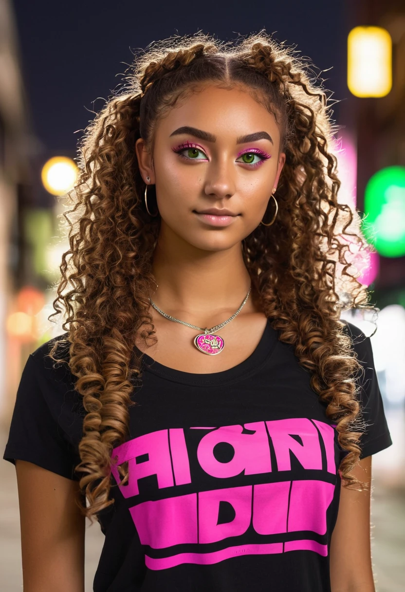 slightly tall young woman, light brown skin, light green eyes. Long brown curly hair with pigtails. wearing a black t-shirt with hot pink graphic, necklace, nose piercing, transparent lipgloss, slim built, very beautiful, late adolescent, 19 years old, full body photo, long legs, nighttime city setting