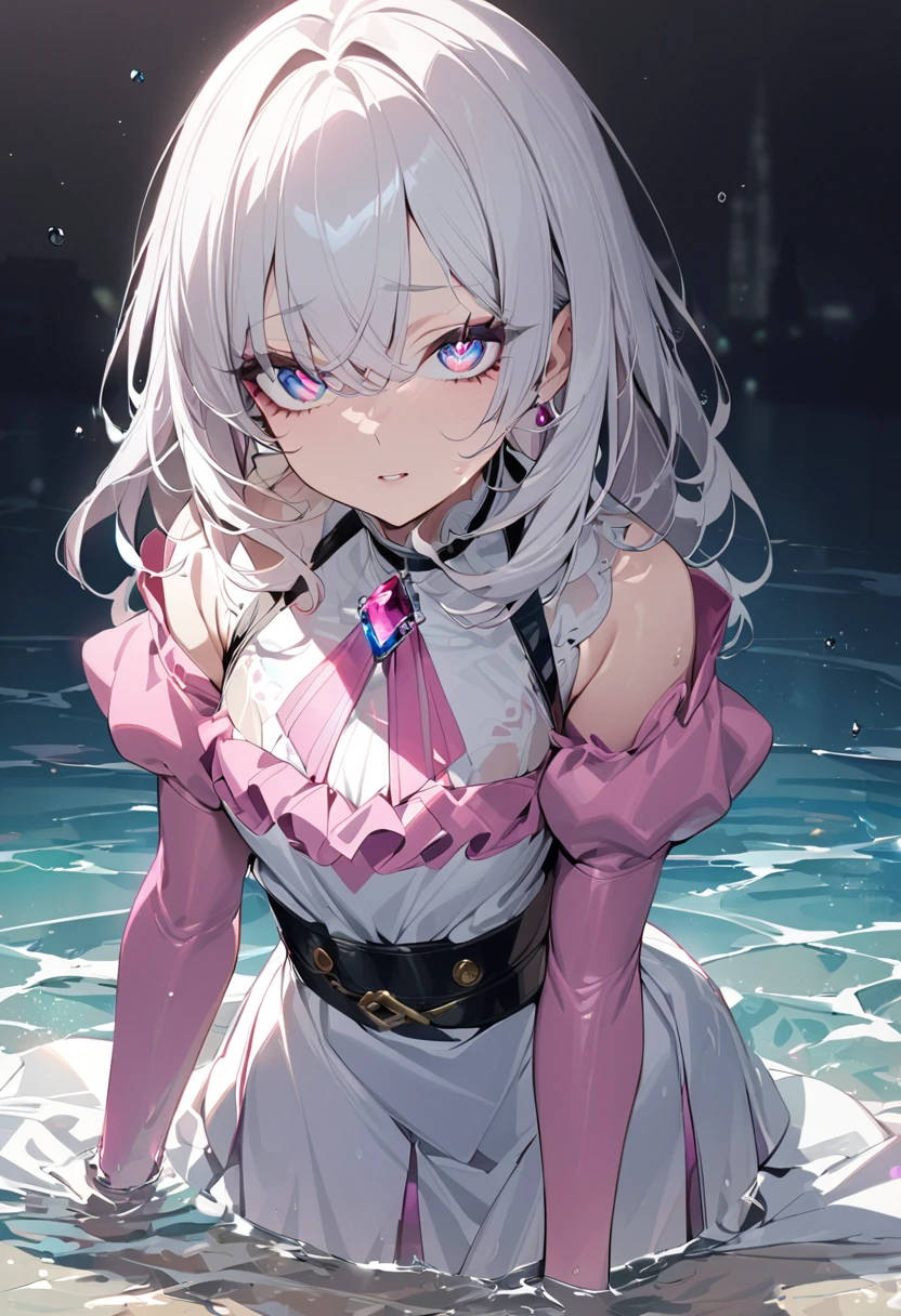 One girl, masterpiece, best quality, beautiful, big eyes, jewel eyes, diamond eyes, white hair, pink extensions, moe sleeves, black belt, skirt, water
