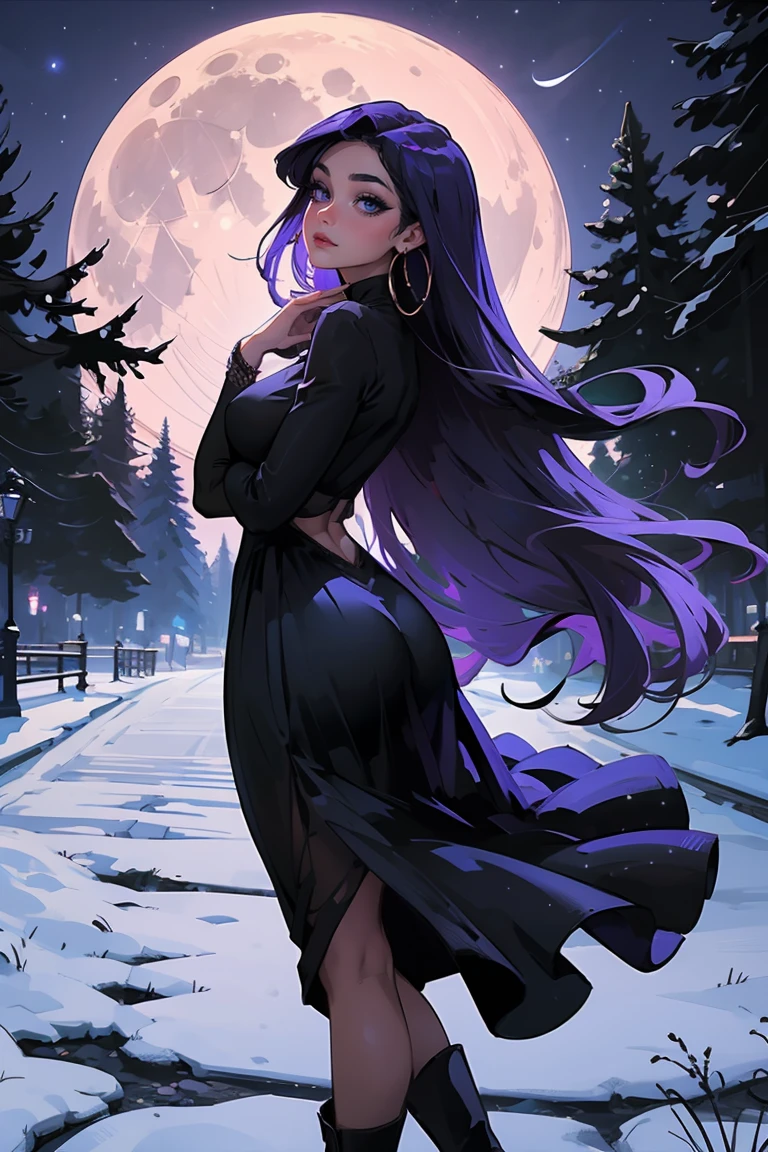 Goddess ((goddess-like woman)), slim elegant silhouette, masterpiece, (close angle), best quality, sweet face, (masterpiece:1,2, best quality), (real picture, intricate details), (1 lady , solo, medium tits, slim waistline, ), (blue eyes, Purple hair, very long hair), a woman with long hair, she has an impressive presence., long hair, bracelet, hoop earrings, jewelry, beautiful face, beautiful eyes, she looks at the viewer, she wears a black dress, Boots, sweet irresistible smile, elegant pose, elegant hands, beautiful hands, perfect fingers,, background: Park at night, Park, a beautiful park, trees, walkway, flowers, bushes, at night, beautiful full moon night, full moon