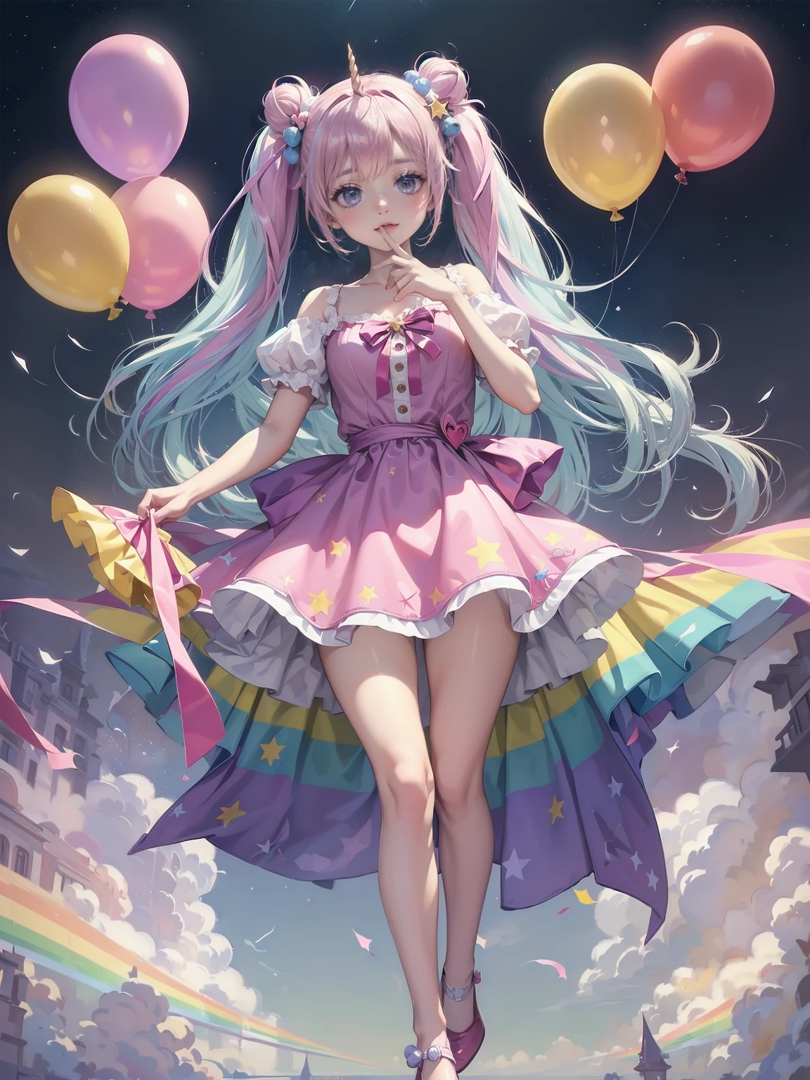 (whole body, legs and shoes visible: 1.2)) Expressive eyes, One girl, Pale skin, Long Hair, Windblown Hair, ((absurdly Long Hair)), Long Side Lock, Princess bangs, Hair bangs, Hair Bun, ((Very long twin tails)), Rainbow Hair, Light pink hair, blush, full face blush, big sparkling Pastel Purple eyes, (Gradient Eye), Laughing with your mouth open, cute pose, ((Holding a balloon : 1.3)) ((cute and pastel fashion)) ((🦄🎠🎈🎉 theme : 1.4)) A loose pastel dress, ((Dreamy multi-colored open dress)), (Floating ribbon), Lavender Frill, Pink frills, (Light blue lace), Removable short sleeves, Fluffy skirt, ((Rainbow and star printed skirt : 1.3)), ta Skirt, Purple ribbon, ((pom pom ribbon hair ornament : 1.4)), Multiple Bows, Striped lace stockings, (heart型のレッグガーター), cute (Pastel Purple) shoes ((Ultra-detailed clothing and fashion)) I&#39;m watching you, Vintage Girl, blush, (Beautiful attention to detail), (Highly detailed CG Unity 8k wallpaper) (Best Shadow), ((Very delicate and beautiful)), (Detailed light), ((Depth of written boundary)) Big Head, Big, bright eyes, Moe, Splash Art, Cinema Lighting, Front view, volumetric lighting maximalist photo illustration k resolution high resolution intricate detailed complex key visuals precise linear ((Dreamy pastel sky background, Surrounded by sunset clouds, shooting star, Castle above the clouds)) ((Ultra-detailed landscapes, Foggy clouds, Hung by balloons, heart : 1.3))