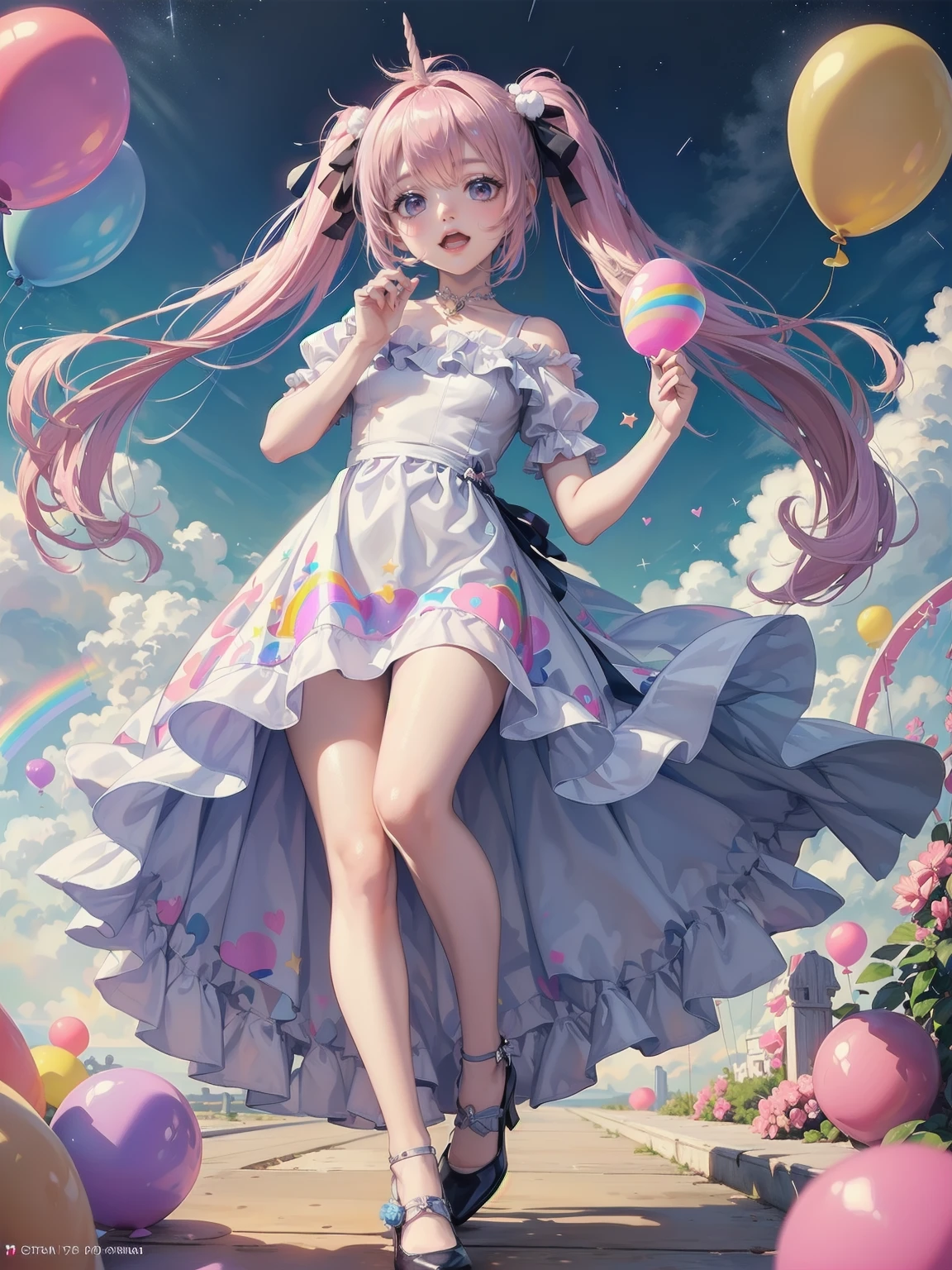 (whole body, legs and shoes visible: 1.2)) Expressive eyes, One girl, Pale skin, Long Hair, Windblown Hair, ((absurdly Long Hair)), Long Side Lock, Princess bangs, Hair bangs, Hair Bun, ((Very long twin tails)), Rainbow Hair, Light pink hair, blush, full face blush, big sparkling Pastel Purple eyes, (Gradient Eye), Laughing with your mouth open, cute pose, ((Holding a balloon : 1.3)) ((cute and pastel fashion)) ((🦄🎠🎈🎉 theme : 1.4)) A loose pastel dress, ((Dreamy multi-colored open dress)), (Floating ribbon), Lavender Frill, Pink frills, (Light blue lace), Removable short sleeves, Fluffy skirt, ((Rainbow and star printed skirt : 1.3)), Lolita Skirt, Purple ribbon, ((pom pom ribbon hair ornament : 1.4)), Multiple Bows, Striped lace stockings, (heart型のレッグガーター), cute (Pastel Purple) shoes ((Ultra-detailed clothing and fashion)) I'm watching you, Vintage Girl, blush, (Beautiful attention to detail), (Highly detailed CG Unity 8k wallpaper) (Best Shadow), ((Very delicate and beautiful)), (Detailed light), ((Depth of written boundary)) Big Head, Big, bright eyes, Moe, Splash Art, Cinema Lighting, Front view, volumetric lighting maximalist photo illustration k resolution high resolution intricate detailed complex key visuals precise linear ((Dreamy pastel sky background, Surrounded by sunset clouds, shooting star, Castle above the clouds)) ((Ultra-detailed landscapes, Foggy clouds, Hung by balloons, heart : 1.3))
