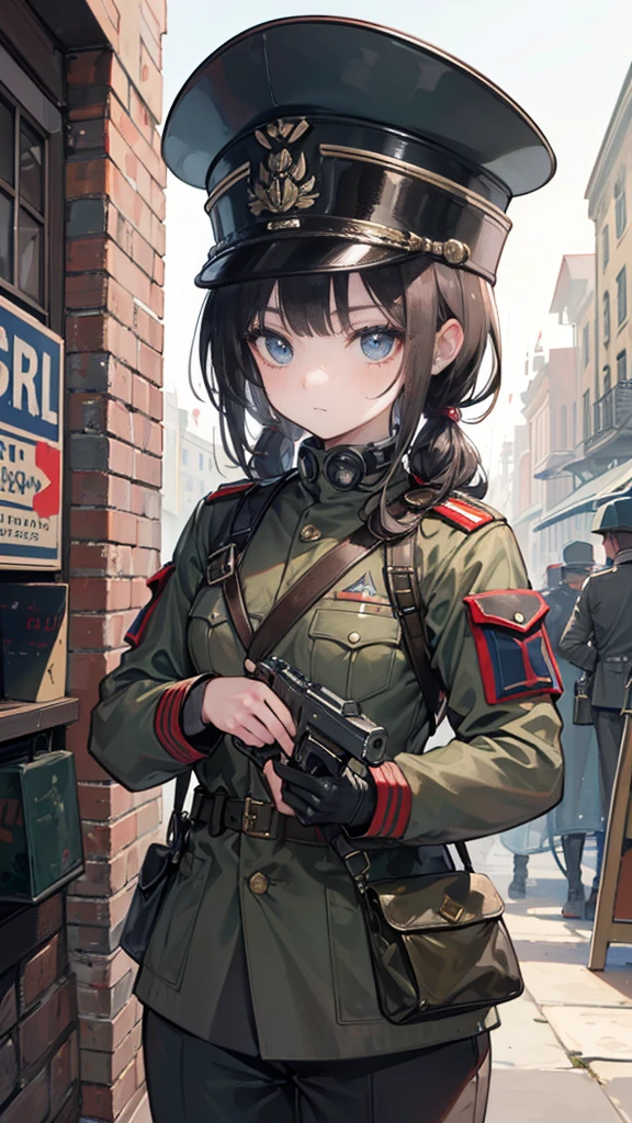 ((Best masterpiece, Perfect quality, Ultra detailed)), A human girl with scared body, Wearing a military cap, Wearing an antique gas mask, Great War soldier, WW1 soldier, Steampunk