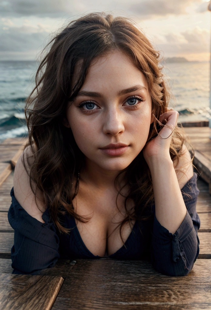 a girl lying face down on a wooden pier in a coastal scene, looking at a ship on the ocean, beautiful detailed eyes, beautiful detailed lips, extremely detailed eyes and face, long eyelashes, detailed ocean waves, detailed wooden pier, dramatic lighting, cinematic colors, moody atmosphere, photorealistic, 8k, high quality, intricate details, masterpiece