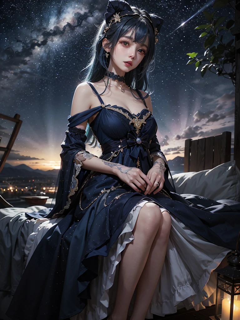 Ultra HD、A beautiful blue-haired character、Composition from the stomach up、Big eyes like a 、Red burning cheeks、Night scene with starry sky background、Wearing a gorgeous dress、Subtle details、A fantastic atmosphere、Anime style
