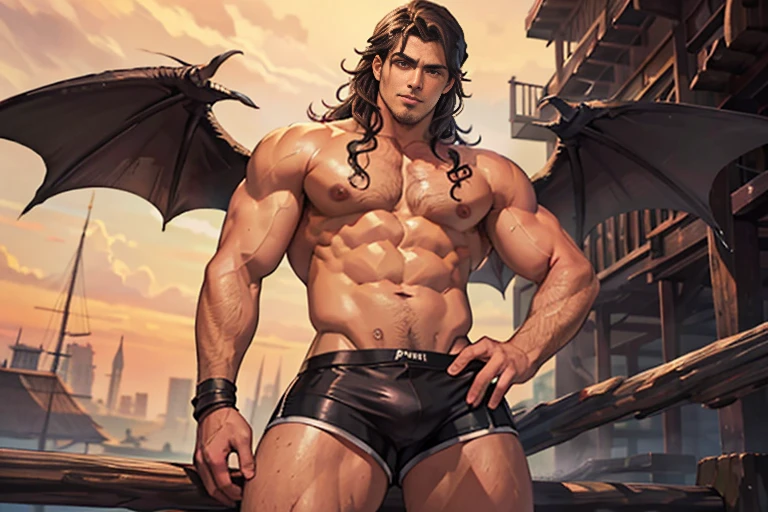 tight mini shorts, 19 year old, Tarzan((obra de arte, melhor qualidade, high resolution)) A handsome man with black demon wings, olhos vermelhos, Orelhas pontudas, muscular