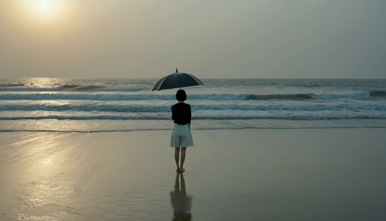 8k, Vivid picture quality, Vivid picture quality, long deserted beach, Full body shot from a distance with a wide angle lens, Short hair, beautiful appearance, Model-like body, Short and slim Korean woman, sunset의 붉은 빛, sunset, alone, afternoon, depressed, tide가 밀려온다, rain, medium size black umbrella, ocean, tide, wind, Clear picture quality, tower, White shorts, Looking to the side with a black umbrella, Short hair, 멀리 tide에 발을 담근다