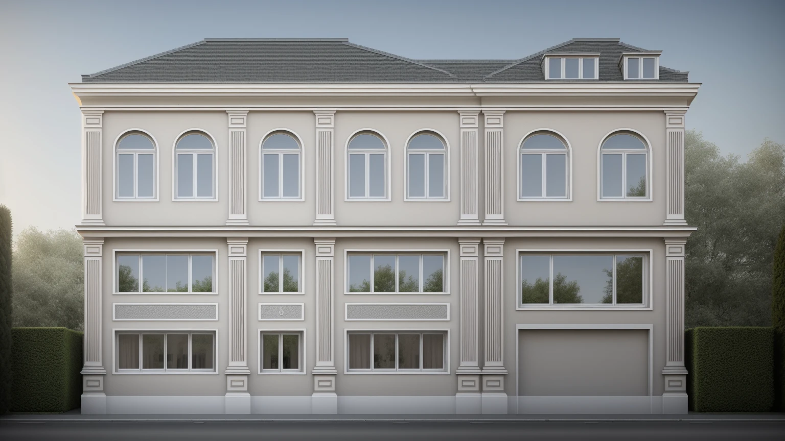 maison blanche arafée avec une voiture garée devant elle, neo - style classique, style classicisme, style classique, maison riche, design extérieur, superbe architecture grandiose, architecture élégante, architecture de luxe, neostyle classique, belle maison, conception magnifique, architecture exquise, néo-classique, néo-classique, style artistique classicisme, belle architecture, perspective de face, 1 route passe devant la maison, (photo brute, Réel, Meilleure qualité, chef-d'œuvre:1.2), avoir l'air moderne et minimaliste, 1 route devant la maison, lumière annulaire Shime, luminosité de la lumière de l'intérieur:1.2, Éclairage dynamique:1.3, (hyper Réelistic, photo-Réelistic:1.2), haute qualité, lumière du jour, contraste élevé :0.5 éclairages parfaits, archaïque, contemporain primé, contemporary chef-d'œuvre, well-designed chef-d'œuvre, grande résidence moderne, détail du dîner, détail ultime, synchronisation automatique
