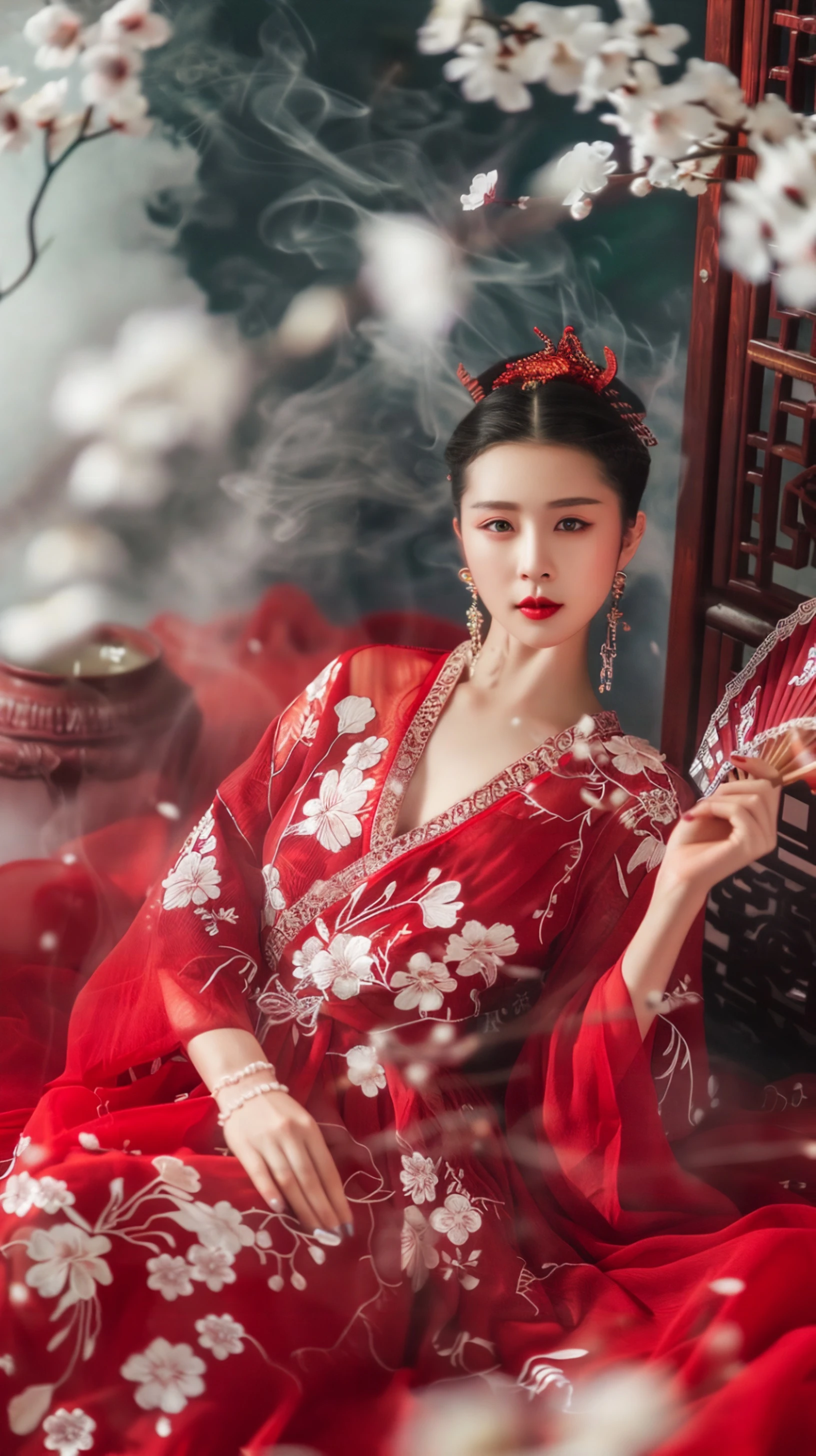 古风美人，红衣飘飘，梅花环绕