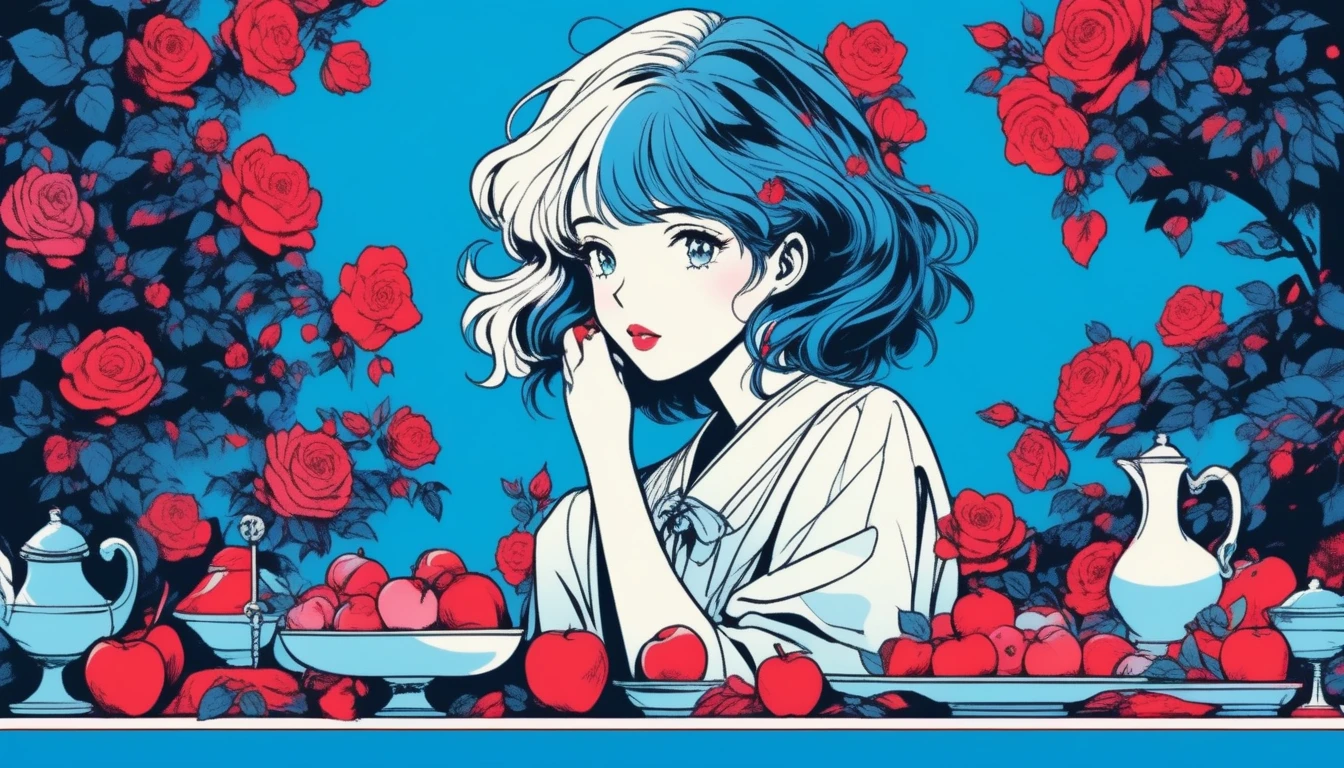 ilustrador, Japanese cartoons , Practical ,sketch , 1 Girl, ,lips, Order, Blue gradient background, Surrounded by roses and apples,Neon hair,Texture cropping, Canada, (On the table,best quality),