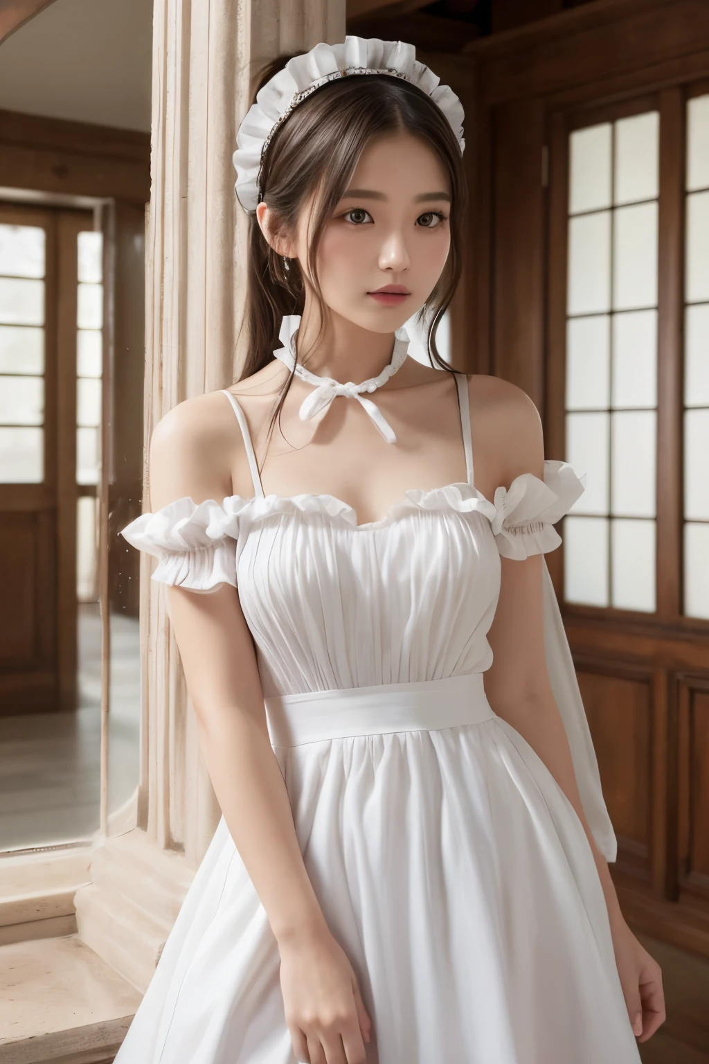 A detailed full body image of a young female character with long flowing white hair。The hair is styled in loose waves.、Adorned with a white ruffled headband。She has a pale complexion and a serious look.。Her outfit is a classic maid&#39;s uniform.、Black puff sleeve dress with frilly white apron、And she&#39;s wearing a black corset belt.。Also、She also wears black gloves and strappy black knee-length boots.。Her pose is full of confidence.、One hand is placed on the hip、In his other hand he holds a wrapped whip。Background、Luxury House、chandelier、The focus is entirely on the characters and their detailed costumes。Large Breasts、Large Breasts、Random sexy poses、smile、