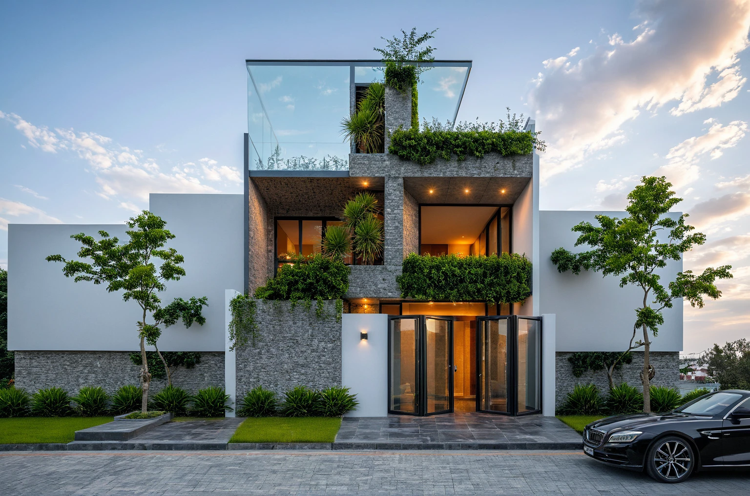 Masterpiece, high quality, best quality, authentic, super detail, outdoors, onestoreyvillaXL, aiaigroup, house style modern on the street ,stairs, white wall ,road,pavement, grass, trees, sky, cloud, (daylight:1.1)