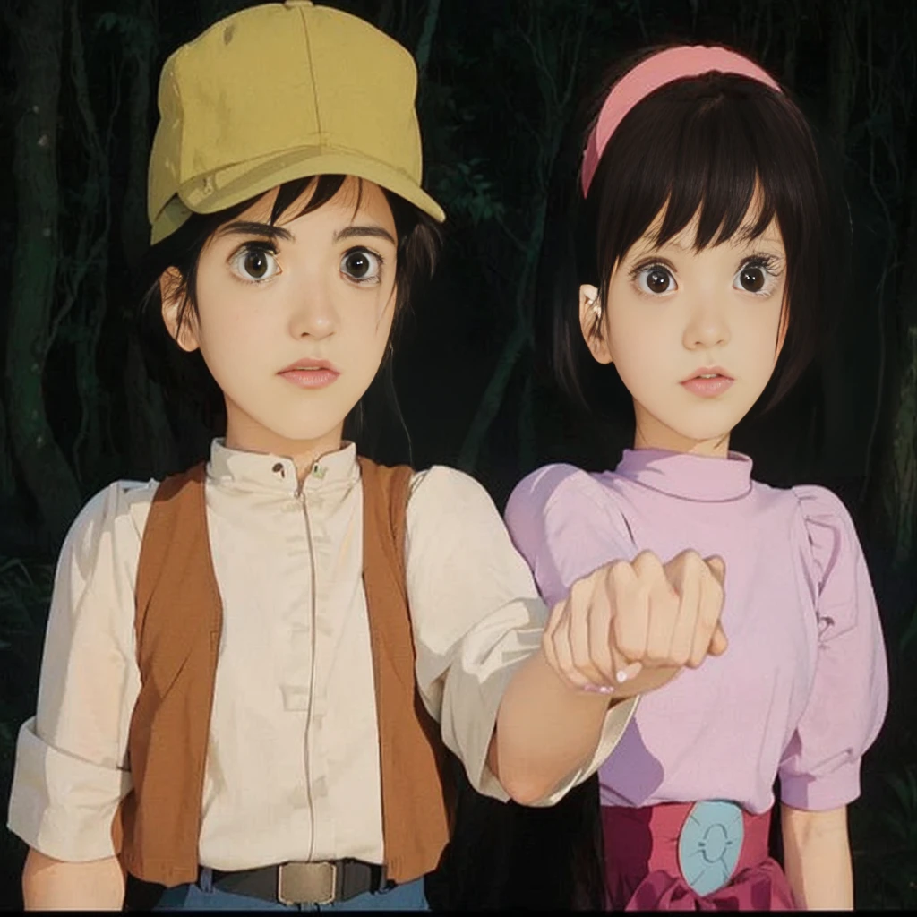 a couple of anime characters standing next to each other, Ghibli anime style, Ghibli anime style style, Studio Ghibli Anime Screenshots, Studio Ghibli anime films, studio ghibli and shinkai makoto, Retro Anime Images, Scenes from Miyazaki movies, Studio Ghibli movie stills, Medium shot of two characters, Ghibli anime movies, From Studio Ghibli