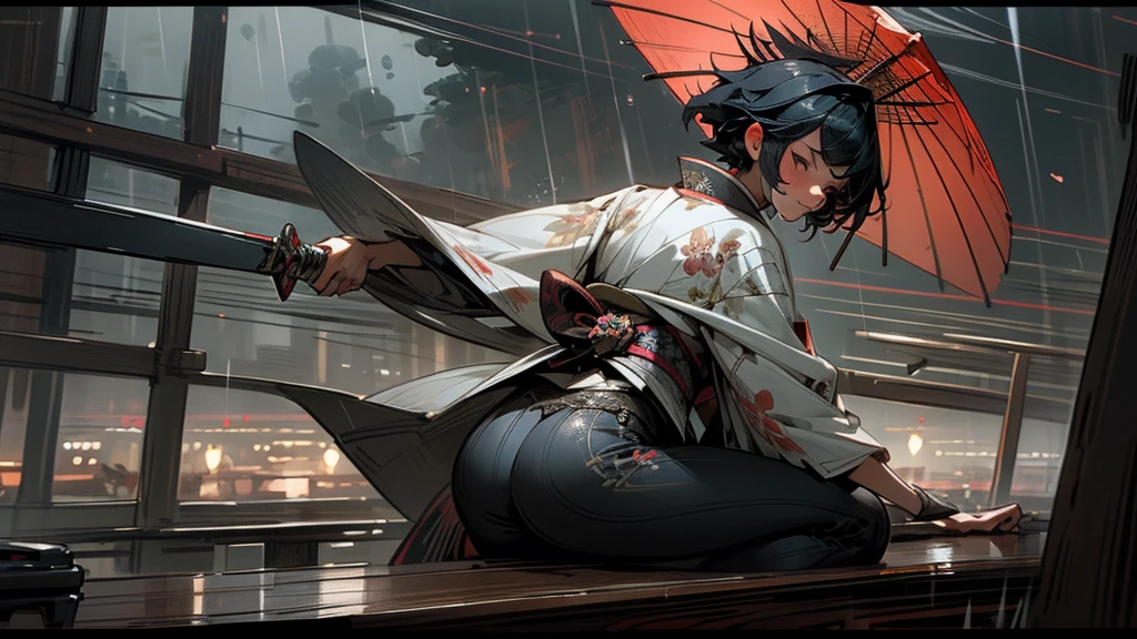 masterpiece,Highest quality,Ultra-fine illustrations,Very detailed,Beautiful background,Perfect Face,Perfect hands,Dynamic Angle,Ink painting style,ass pov,Dynamic Scene,kimono,knife,short hair,rain,battlefield,Beautiful background,Fearless Smile,Ii Slash


