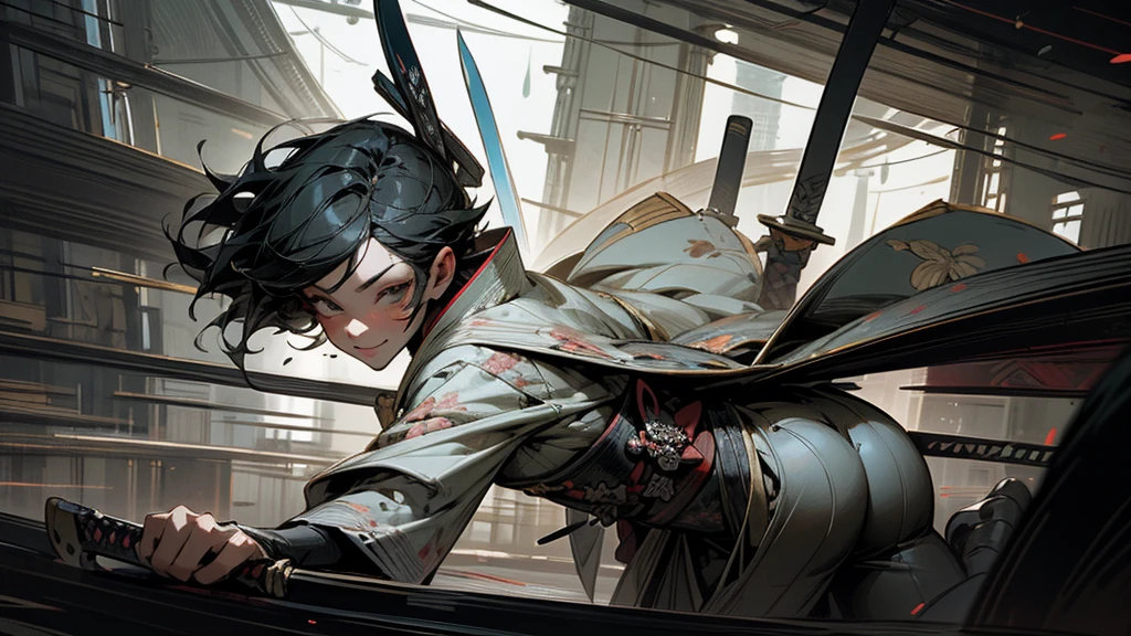masterpiece,Highest quality,Ultra-fine illustrations,Very detailed,Beautiful background,Perfect Face,Perfect hands,Dynamic Angle,Ink painting style,ass pov,Dynamic Scene,kimono,knife,short hair,rain,battlefield,Beautiful background,Fearless Smile,Ii Slash