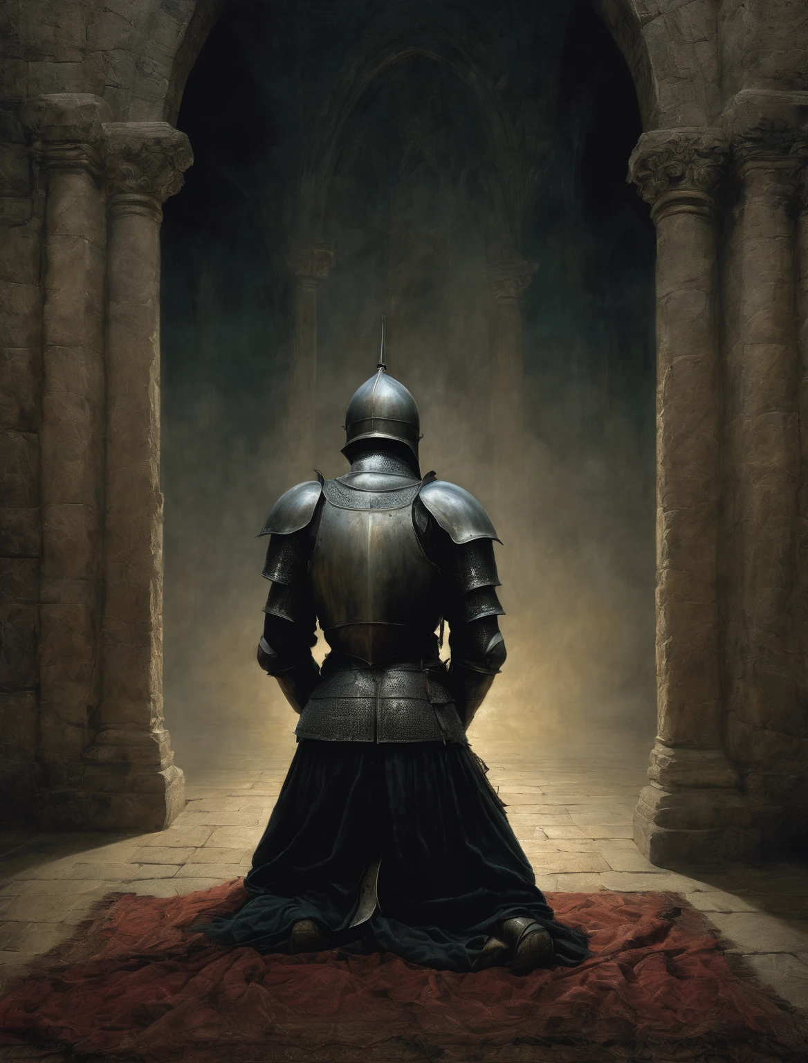 a knight praying on his knees,armored knight,gothic,renaissance,Zdzisław Beksiński style,dark atmosphere,black background, dramatic lighting,dramatic shadows,moody,chiaroscuro,dramatic composition,highly detailed,cinematic,photorealistic,hyper detailed,intricate details,dramatic colors,dramatic lighting,dramatic contrast,rich textures,(best quality,4k,8k,highres,masterpiece:1.2),ultra-detailed,(realistic,photorealistic,photo-realistic:1.37)