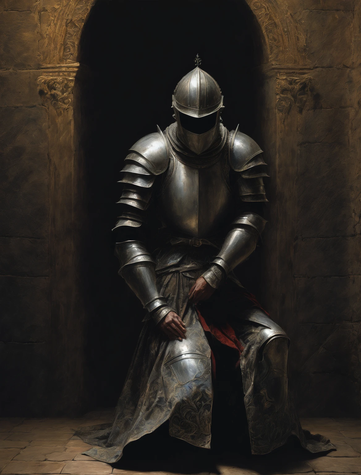 a knight praying on his knees,armored knight,gothic,renaissance,Zdzisław Beksiński style,dark atmosphere,black background, dramatic lighting,dramatic shadows,moody,chiaroscuro,dramatic composition,highly detailed,cinematic,photorealistic,hyper detailed,intricate details,dramatic colors,dramatic lighting,dramatic contrast,rich textures,(best quality,4k,8k,highres,masterpiece:1.2),ultra-detailed,(realistic,photorealistic,photo-realistic:1.37)