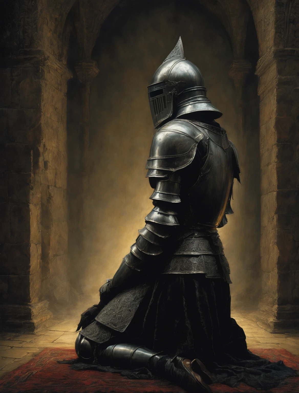 a knight praying on his knees,armored knight,gothic,renaissance,Zdzisław Beksiński style,dark atmosphere,black background, dramatic lighting,dramatic shadows,moody,chiaroscuro,dramatic composition,highly detailed,cinematic,photorealistic,hyper detailed,intricate details,dramatic colors,dramatic lighting,dramatic contrast,rich textures,(best quality,4k,8k,highres,masterpiece:1.2),ultra-detailed,(realistic,photorealistic,photo-realistic:1.37)