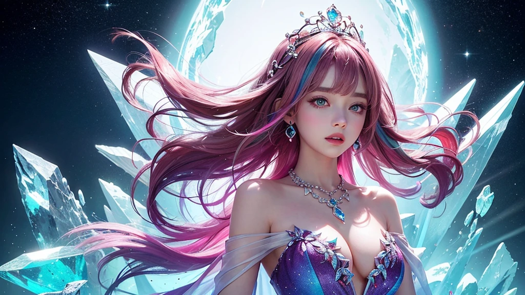 Highest quality,masterpiece,16K,One girl, bangs, Exposing shoulders, chest, Crown, crystallization, dress, From the side, gem,Colorful crystallizations,Crystal Headwear,There are many crystallizations on the clothes,Colorful Gradient Hair,カラフルなdress,Colorful crystals floating,Body crystals,Crystal Necklace,Colorful crystallization decoration,crystalline girl, Gradient Hair, jewelry, Long Hair, compensate, medium chest, Multicolored Hair, Pink Hair, alone, tiara