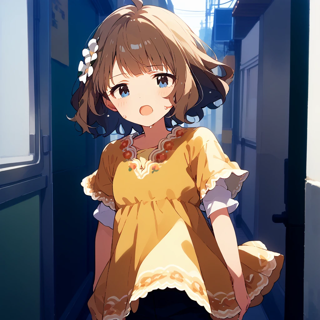 score_9, score_8_up, score_7_up, source_anime, best quality, masterpiece, official art, absurdres, highres, ultra-detailed,waifu2x,Collection: Slice of Life,break,1girl, suou momoko, casual, ahoge, short hair, blue eyes, eyebrows visible through hair, wavy hair, blunt bangs, yellow dress, print dress, floral print, yellow shirt, short over long sleeves, layered sleeves, hair ornament, hair flower, white flower, black pants, pants under dress, capri pants, pants rolled up, sweat, open mouth, (yawn:0.3), sleepily, outdoors, wind,break,(clear line illustration:1.2), super detailed skin,very high resolution, very aesthetic, Best sexual lighting powered by famous artist, 8k,cute picture,beauty illustration,photoshop_(medium),,(Detailed Lighting),best anime 8k konachan wallpaper, pixiv contest winner, 