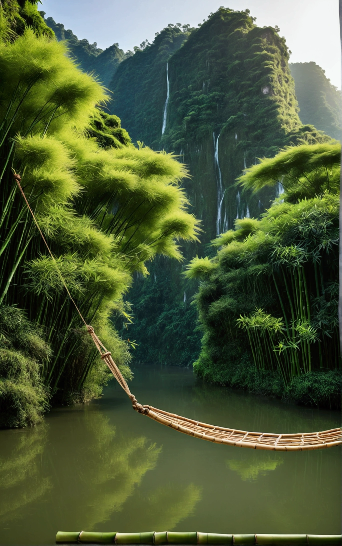 The image depicts a bamboo raft hanging from a rope, suspended in the air with a backdrop of a lush green landscape and winding rivers.