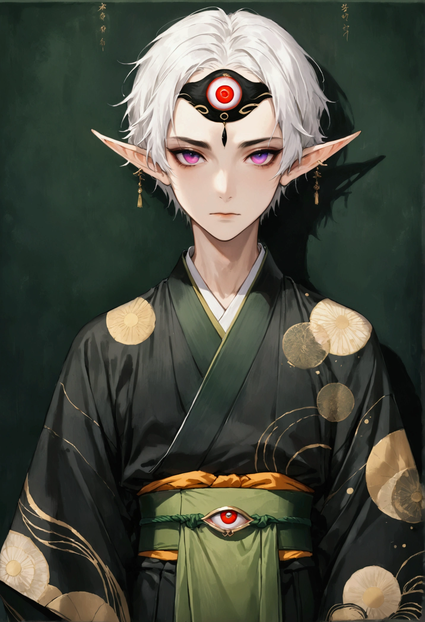 (((1 Boy,独奏,third eye on the forehead,Dark eyeshadow.Middle-parted white hair-super short hair,Elf ears))),(((Gorgeous Japanese kimono:1.6,Eye Diagram,Dark Pattern))).(((Thin waist,Greenbelt:1.37))),cool