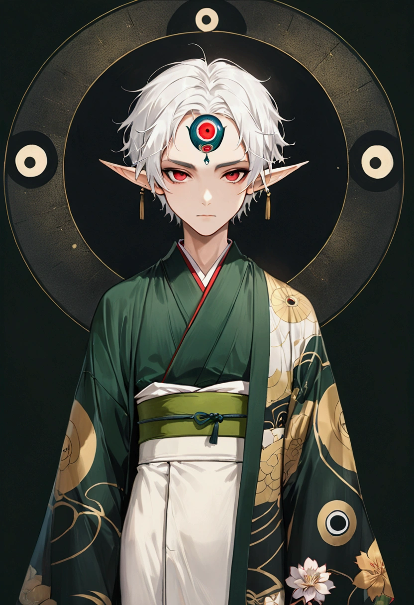 (((1 Boy，独奏，third eye on the forehead，Dark eyeshadow.Middle-parted white hair-super short hair，Elf ears))),(((Gorgeous Japanese kimono：1.6，Eye Diagram，Dark Pattern))).(((Thin waist，Greenbelt：1.37)))，cool