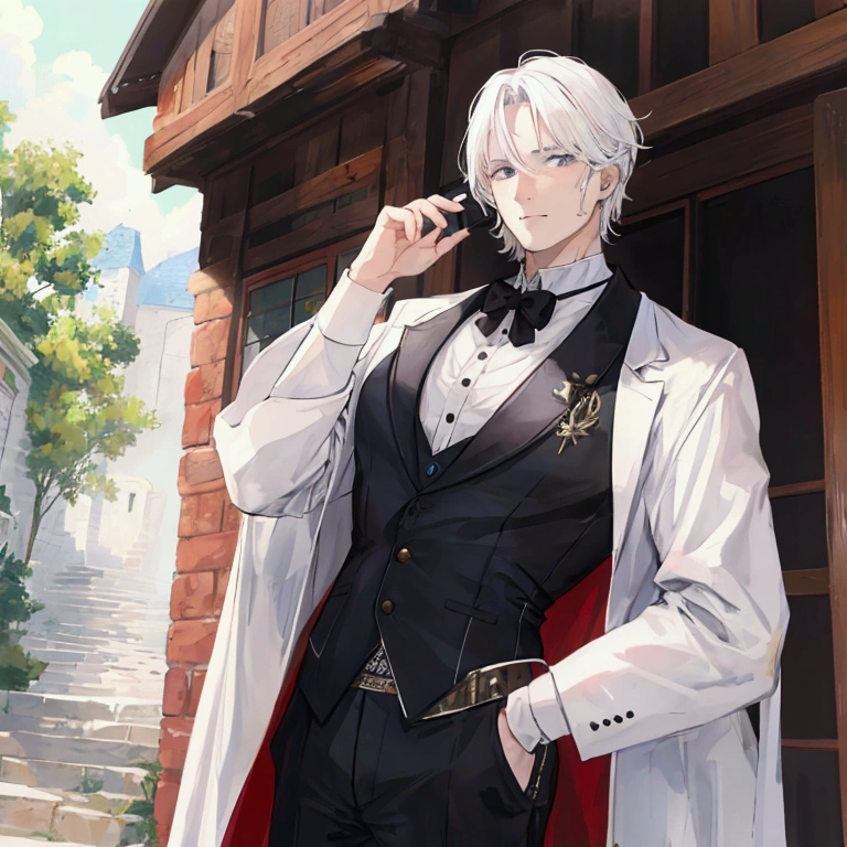 A white-haired middle-aged man dressed as an adventurer