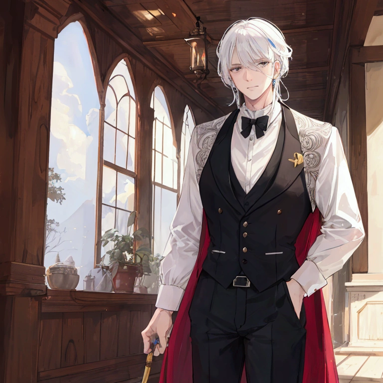 A white-haired middle-aged man dressed as an adventurer