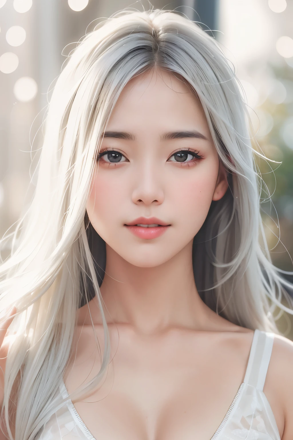 １５white model of that era, full body image,（(Clean clothes)), white clothes, skin color, pretty white girl, gray hair, lazy smile, (8k, live shooting, best quality, masterpiece: 1.2), masterpiece, very detailed, ultra high resolution, (realistic and realistic photos: 1.37), High-quality RAW color photos, Very delicate and beautiful, 非常にbe used to, 8k 배경화면, very cool, be used to, 非常にbe used toな目, 非常にbe used toな肌, 非常にbe used toな指, h非常にbe used to nose, 非常にbe used toな口, complete anatomy, upper body, , See-through、transparent processing、clothes to wear&#39;Don't show your breasts、, gray hair, eyes are blue, masterpiece, realistic skin texture, 超be used to, Shiny hair and white skin, 、 beautifully dressed body、youth impression、upper body、eyes are blue、、That person looks like a white girl、gray hair