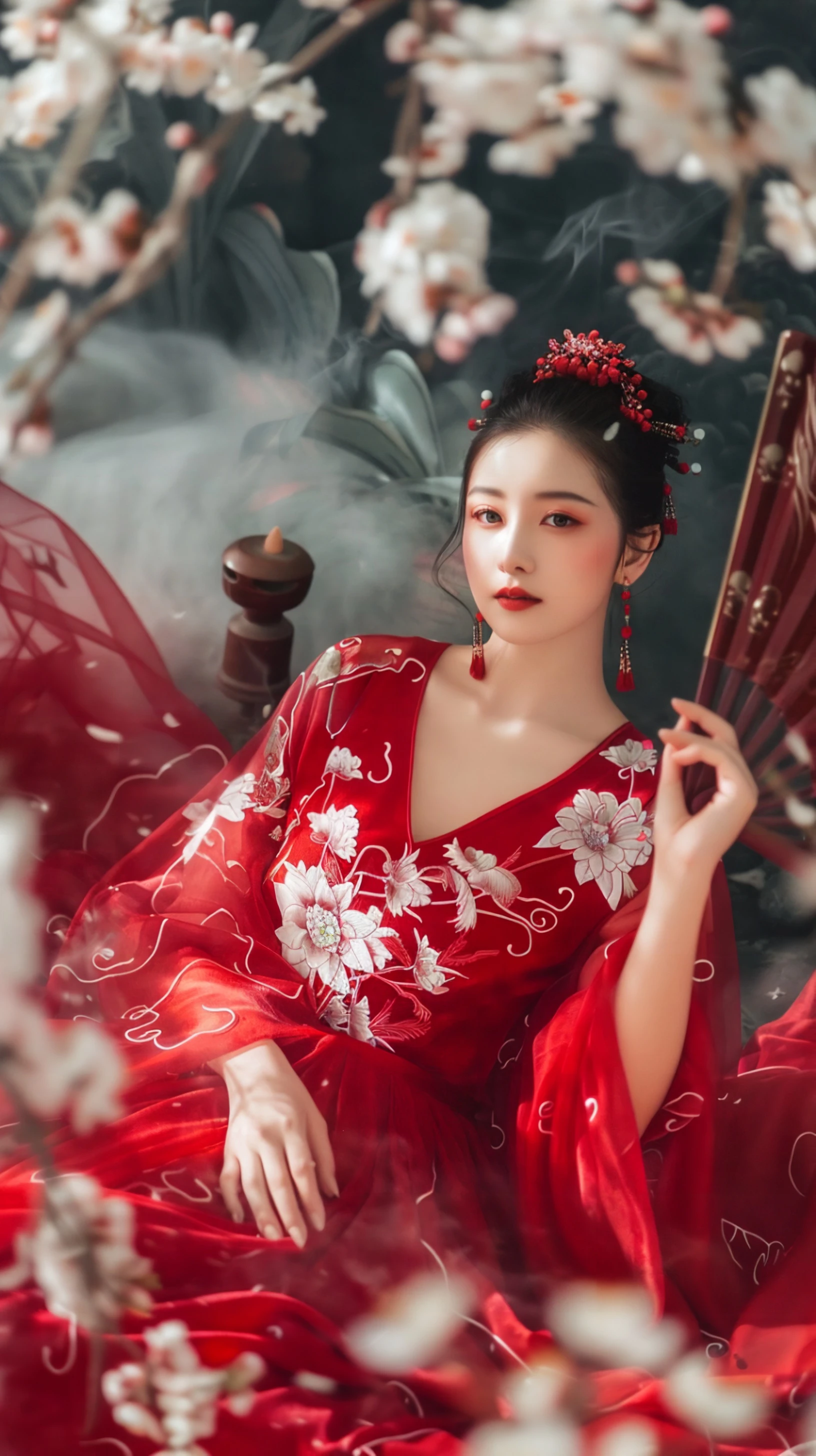 古风美人，红衣飘飘，梅花环绕
