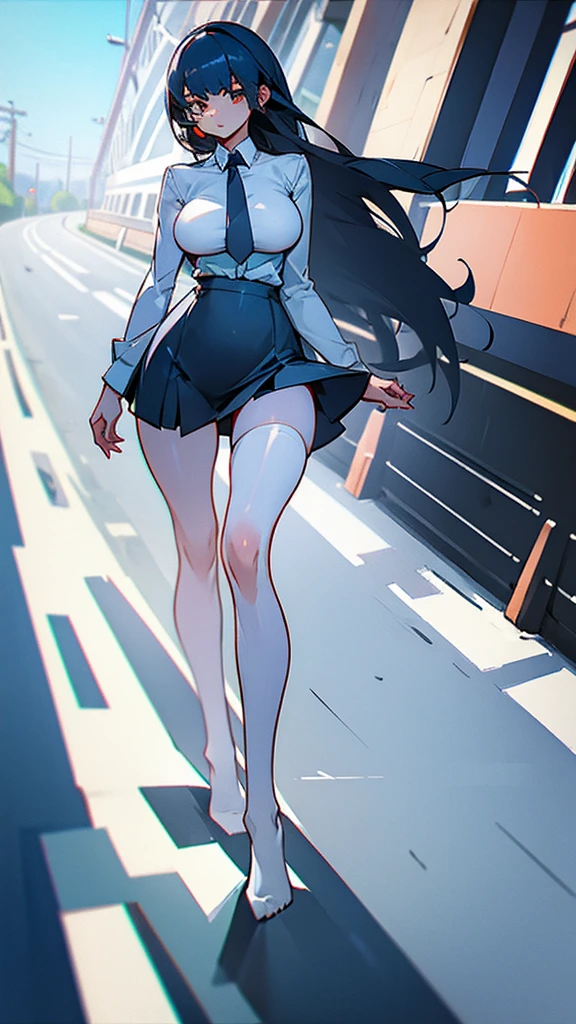 Girl in high white stockings , short skirt, stands upright without shoes on the road , confused expression. Correct proportions of the human body.Big breasts in a tight blouse.