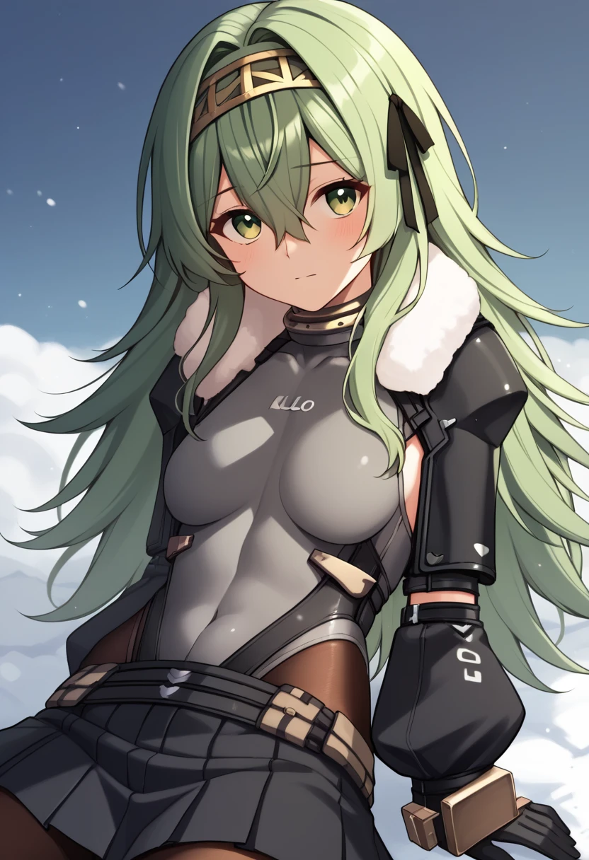 score_9, score_8_superior, score_7_superior, sauce_Anime BREAK 1 Girl, alone, Kilo, Green Eyes, Green Hair, Long Hair, hair band, Black Hair Ribbon, Fur trim, Grey leotard, black sleeves, Long sleeve, Black Skirt, pantyhose, gloves