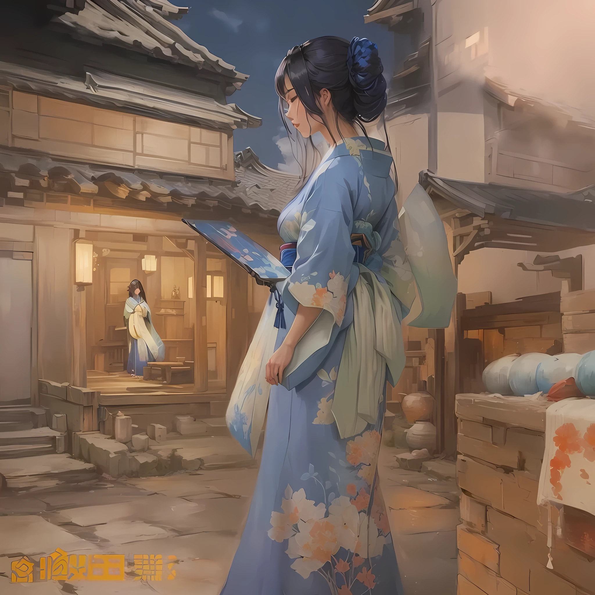A painting of a woman in a blue kimono standing in a courtyard, artwork in the style of Gwaiz, Gwaiz on pixiv artstation, Gwaiz, Beautiful artwork illustration, Gwaiz on artstation pixiv, Painted in an anime artist's studio, artstation pixivでトレンド, Traditional Japanese concept art, In the style of Makoto Shinkai