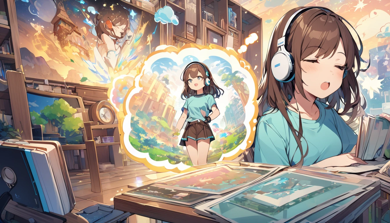 Girl wearing headphones,Brown Hair,1 person,bright,Detailed Background,Dreaming,Reality and dreams