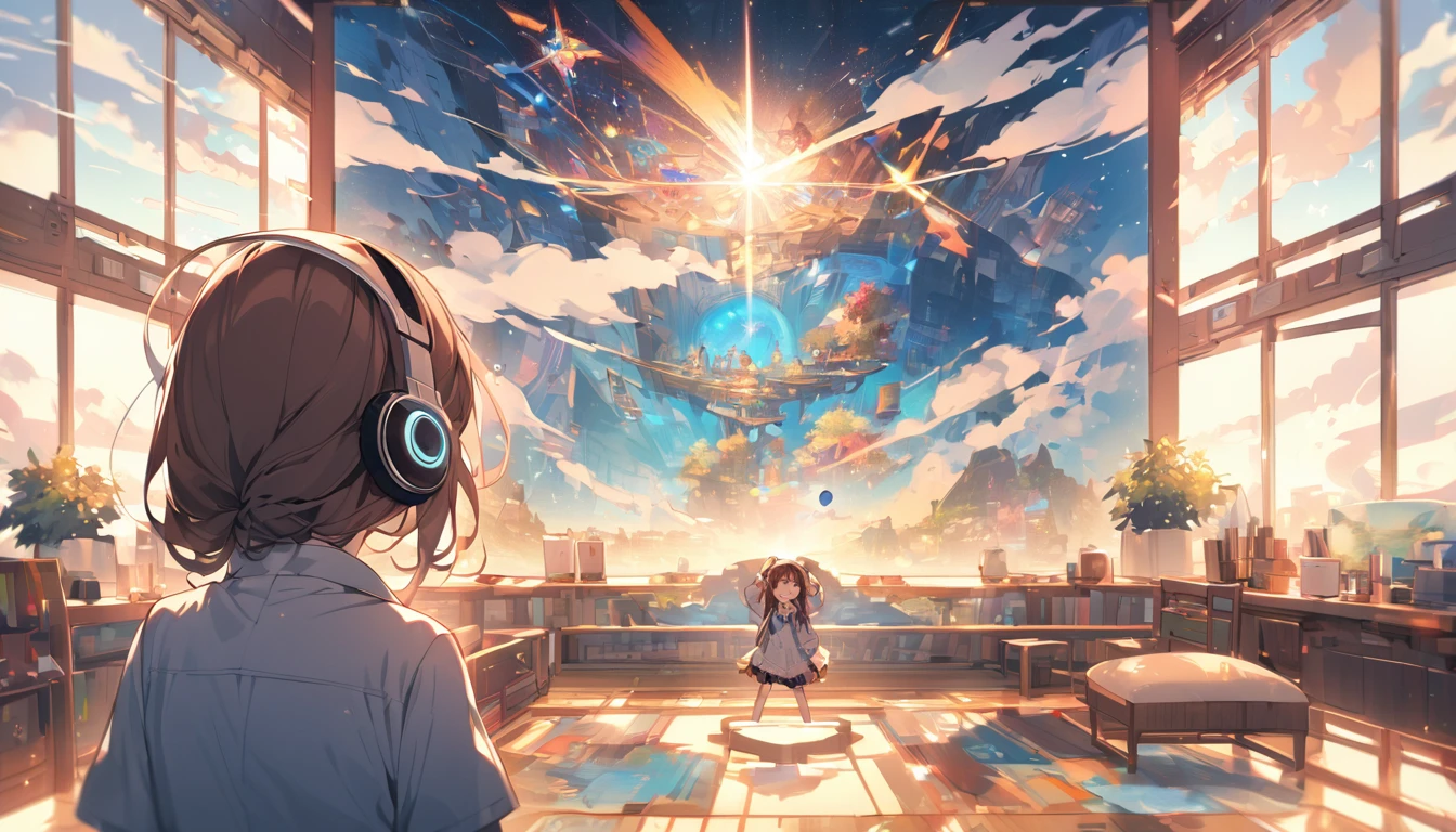 Girl wearing headphones,Brown Hair,1 person,bright,Detailed Background,Dreaming,Reality and dreams