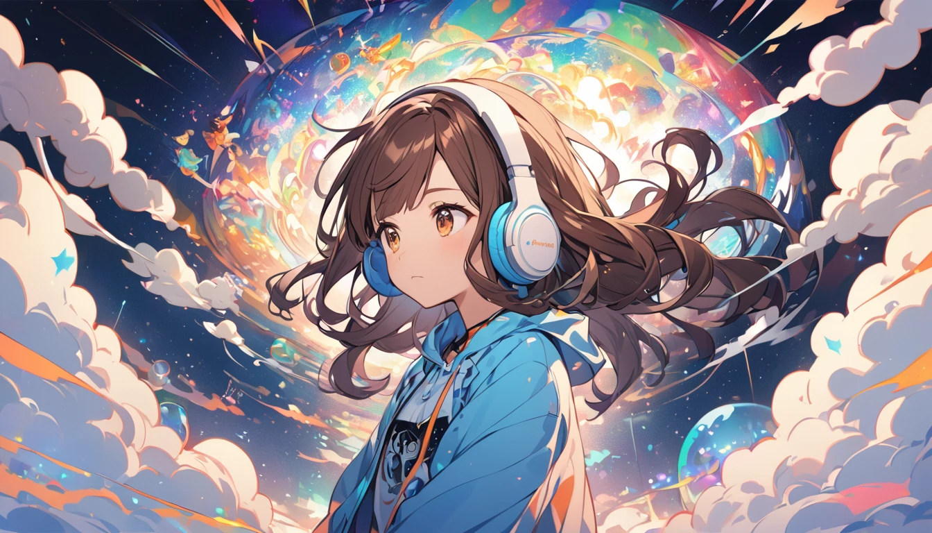 Girl wearing headphones,Brown Hair,1 person,bright,Detailed Background,Dreaming,Reality and dreams