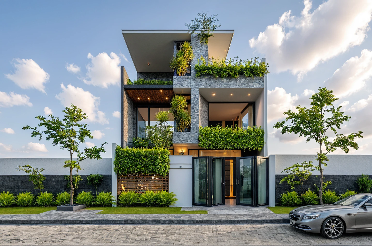 Masterpiece, high quality, best quality, authentic, super detail, outdoors, onestoreyvillaXL, aiaigroup, house style modern on the street ,stairs, white wall ,road,pavement, grass, trees, sky, cloud, (daylight:1.1)