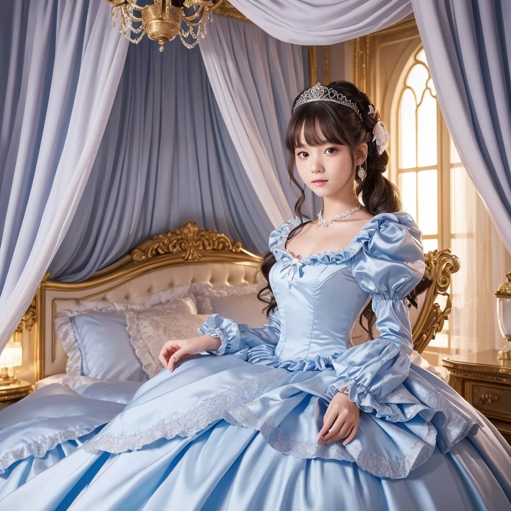 highest quality, masterpiece, highest resolution, artwork, super それにget used to it, many get used to it, get used to it, それにget used to it, 3k realistic pictures,,((12 year old little girls)),Ultra-detailed juvenile face,ultra-detailed beautiful little girls,girls are princess,full length ball gown dress with hoop skirt,ruffled yoke collar,puff sleeves,long sleeve,((Lolita style light blue detailed princess satin dress with lots of ruffles and ribbons)),Rococo style lolita fashion,shiny satin dress,Soft and smooth fabric,detailed princess dress,luxury,long blonde hair,blue eyes,white skin european,Pajama,((in the bedroom of the palace)),luxury princess canopy king size pink bed,shiny satin sheets,ultra-detailed princess bed,High-quality background,lot of frilled pillows,on the bed,