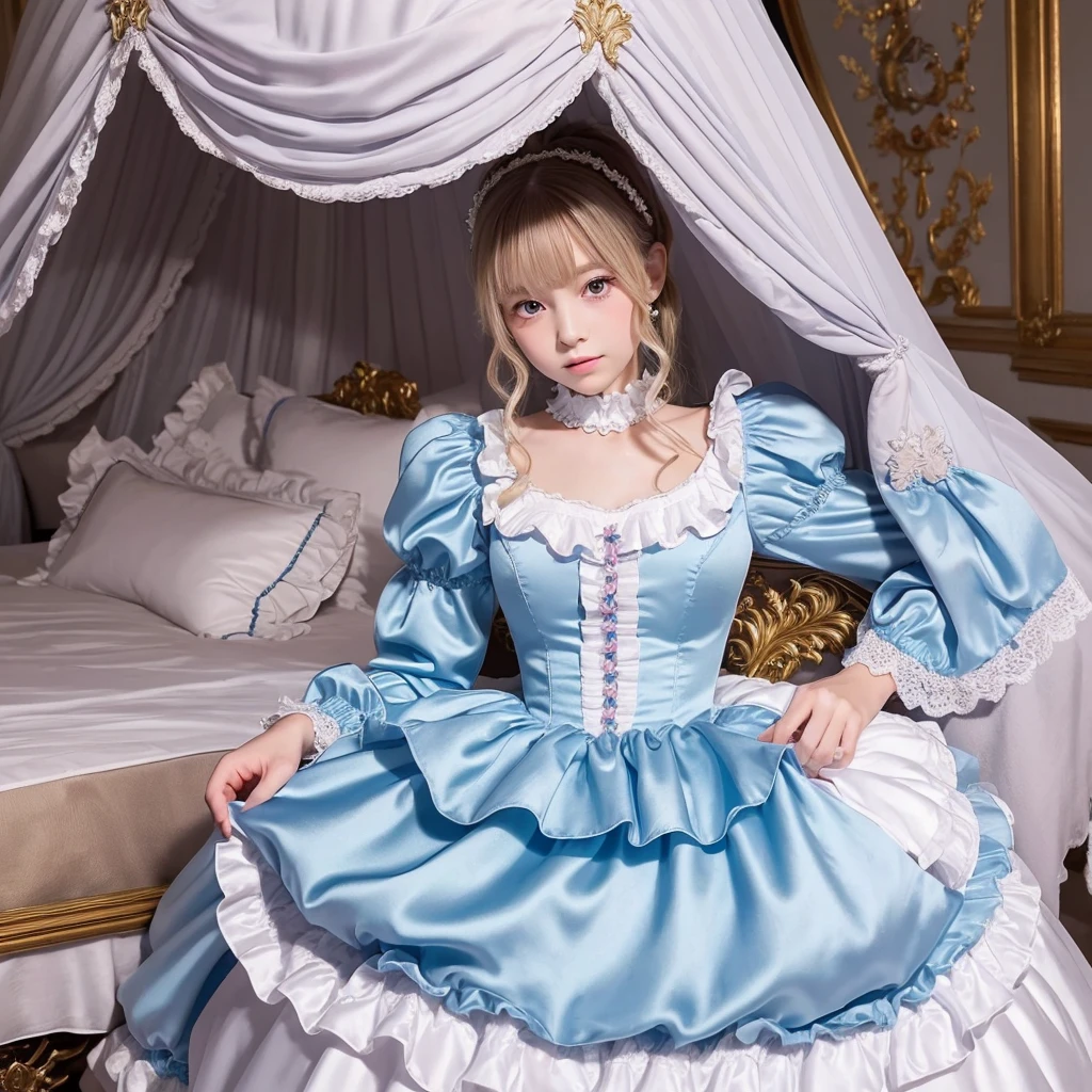 highest quality, masterpiece, highest resolution, artwork, super それにget used to it, many get used to it, get used to it, それにget used to it, 3k realistic pictures,,(( girls)),Ultra-detailed juvenile face,ultra-detailed beautiful little girls,girlsrincess,full length ball gown dress with hoop skirt,ruffled yoke collar,puff sleeves,long sleeve,((Lolita style light blue detailed princess satin dress with lots of ruffles and ribbons)),Rococo style lolita fashion,shiny satin dress,Soft and smooth fabric,detailed princess dress,luxury,long blonde hair,blue eyes,white skin european,Pajama,((in the bedroom of the palace)),luxury princess canopy king size pink bed,shiny satin sheets,ultra-detailed princess bed,High-quality background,lot of frilled pillows,on the bed,