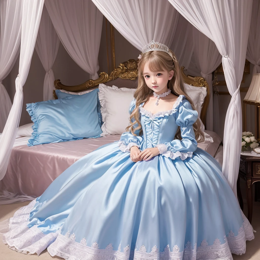 highest quality, masterpiece, highest resolution, artwork, super それにget used to it, many get used to it, get used to it, それにget used to it, 3k realistic pictures,,((12 year old s)),Ultra-detailed juvenile face,ultra-detailed beautiful little girl princess,full length ball gown dress with hoop skirt,ruffled yoke collar,puff sleeves,long sleeve,((Lolita style light blutailed princess satin dress with lots of ruffles and ribbons)),Rococo style lolita fashion,shiny satinss,Soft and smooth fabric,detailed princess dress,luxury,long blonde hair,blue eyes,white skin european,Pajama,((in the bedroom of the palace)),luxury princess canopy king size pink bed,shiny satin sheets,ultra-detailed princess bed,High-quality background,lot of frilled pillows,on the bed,