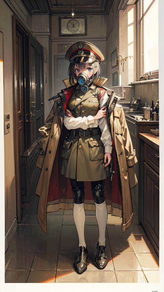 ((Best masterpiece, Perfect quality, Ultra detailed)), A human girl with scared body, Wearing a military cap, Wearing an antique gas mask, Great War soldier, WW1 soldier, Steampunk