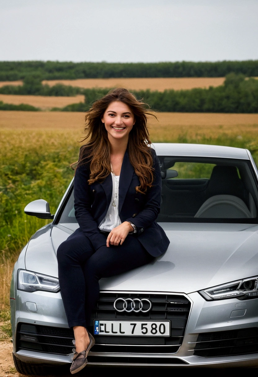 une femme bulgare de très loin souriante et magnifique de 25 ans. Elle est à côté d'une audi qui est abimée et sale. Son visage est réaliste et le décor de nature réaliste également. La qualité de la photo est faible.