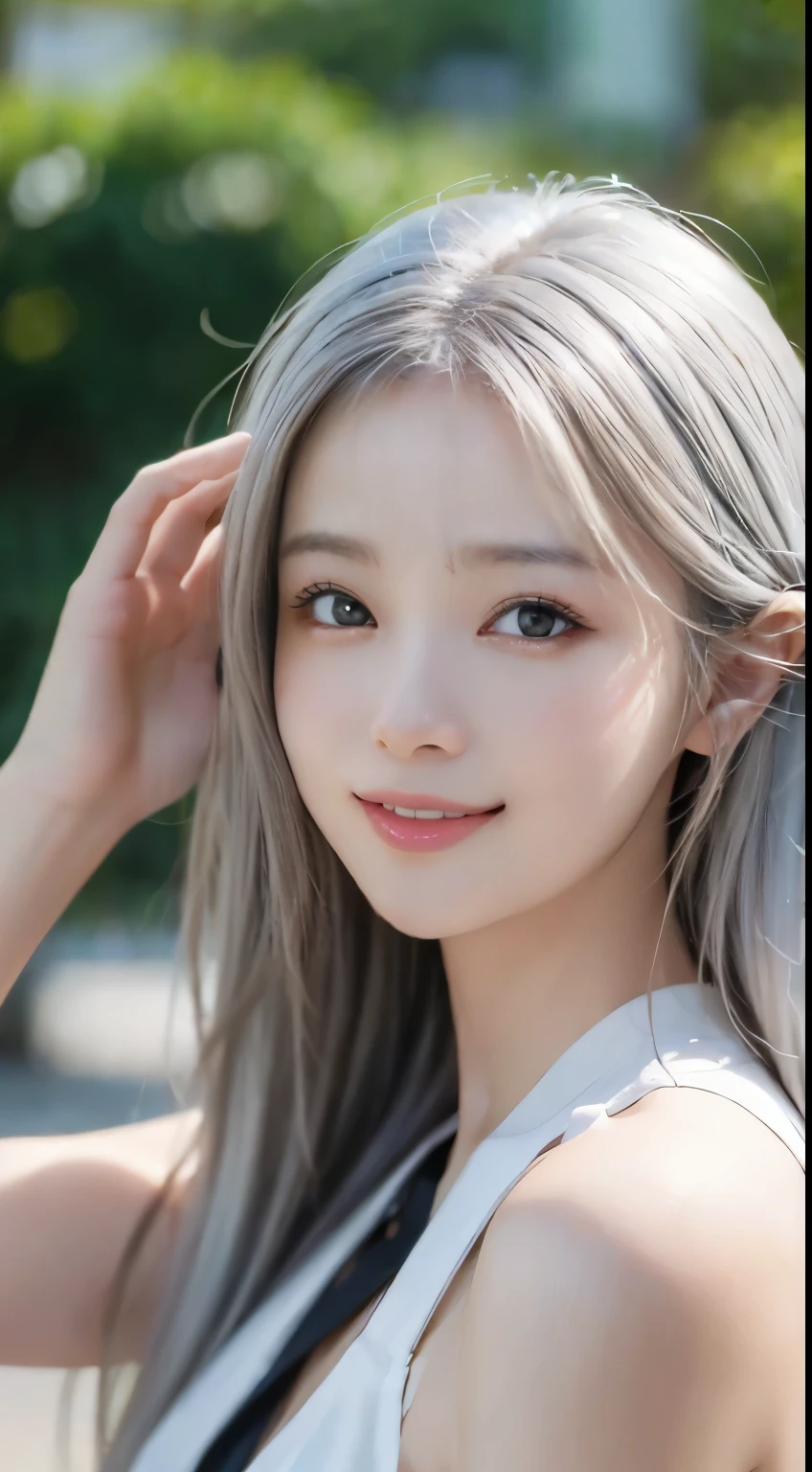 mix 4、(8k、raw photo、top quality、masterpiece:1.2)、(NSFW:1.4),(realistic、realistic:1.5)、1 girl、Young woman with a delicate and slender face, gentle brown eyes, semi long hair,That person seems thoughtful and introverted., Her appearance is elegant and sophisticated, best quality,  best smile, Beauty, cute, depth of field, high resolution, ultra detail, very detailed, very detailed 、 sharp eyes, realistic 여성、movie lights、beautiful white hair color、Open your mouth and smile