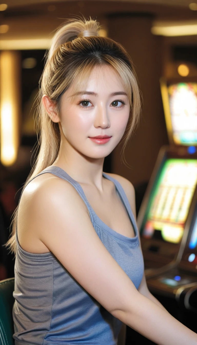 Close-up photo of a beautiful Korean woman, Bust size 34 inches, blonde high ponytail, Wear a gray tank top., เล่นสล็อตIn casinos, sunlight, bokeh background, UHD, sit  (random background,In casinos,VIP casino room, Modern Casino Console, Modern Slot Machines )