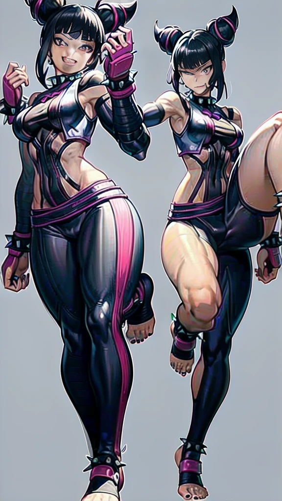 Full body image of Juri Han from Street Fighter 5, wearing her original outfit (black and purple clothes with spiked accents, barefoot with taped feet, and arm guards), short black hair styled in twin buns, female body, athletic and flexible body, dynamic pose, detailed pose, simple background, expressive face showing a mischievous grin, focus on face, line art, sketch