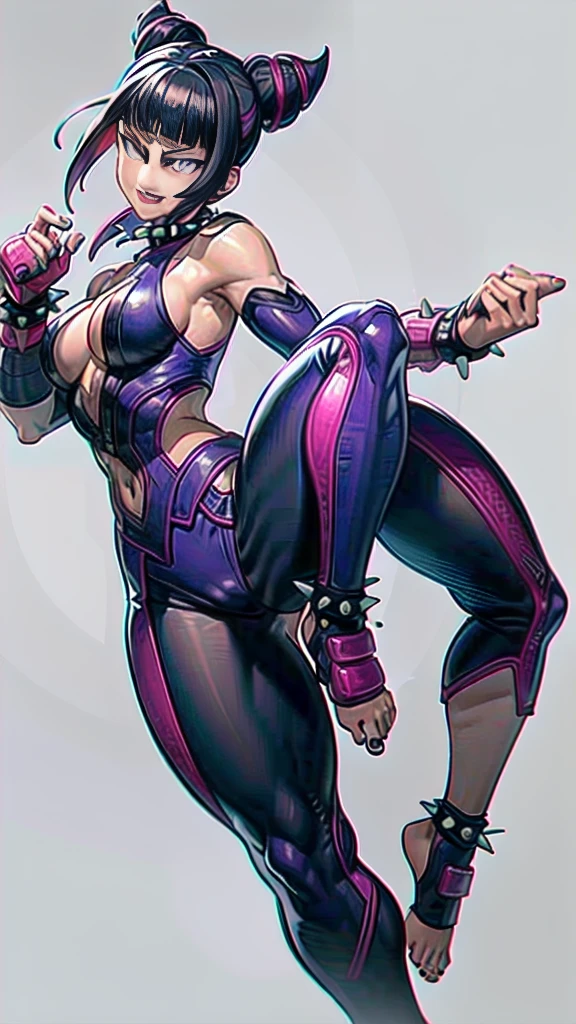 Full body image of Juri Han from Street Fighter 5, wearing her original outfit (black and purple clothes with spiked accents, barefoot with taped feet, and arm guards), short black hair styled in twin buns, female body, athletic and flexible body, dynamic pose, detailed pose, simple background, expressive face showing a mischievous grin, focus on face, line art, sketch