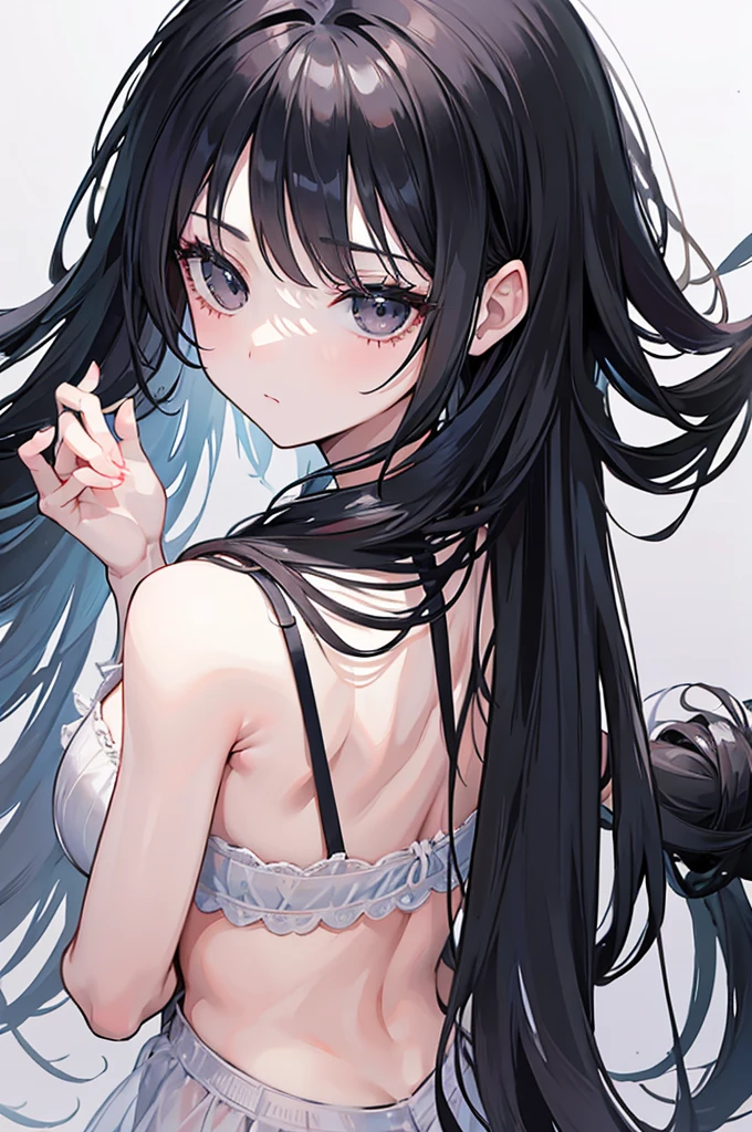 ((best quality)), ((masterpiece)), (detailed), perfect faceDraw a woman with long black hair and black eyes in underwear and turn her back.